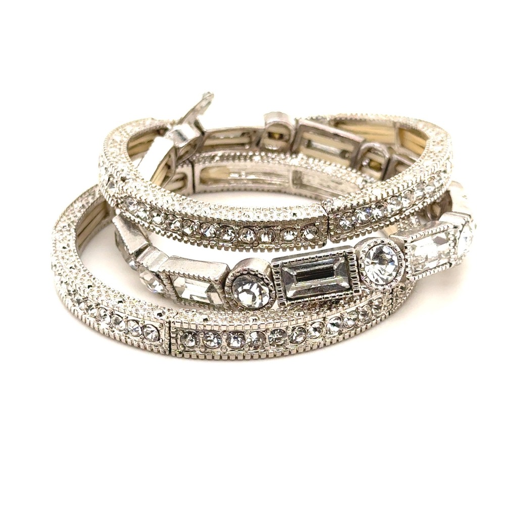 Natasha Silver Tone Crystal Rhinestone Stretch Bracelet Set 3 Piece Stackable